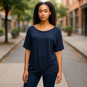 SIGNATURE COLLECTION Navy Blue Open Sleeve Metal Ring Top Ladies Large 14-16